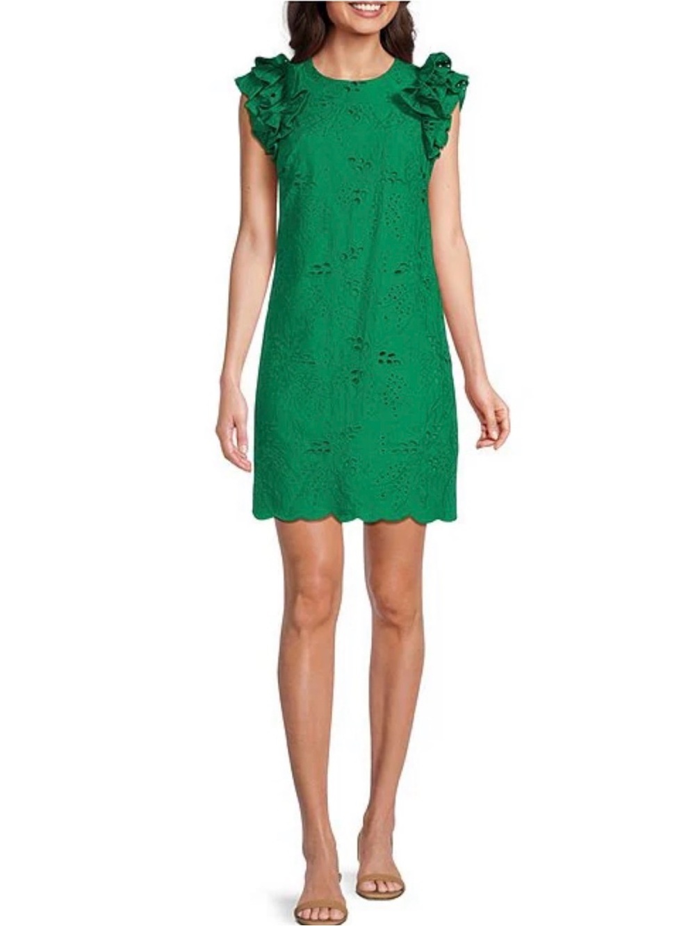Jessica Howard Ruffle Sleeve Eyelet Detail Embroidered Cotton Dress Green 14